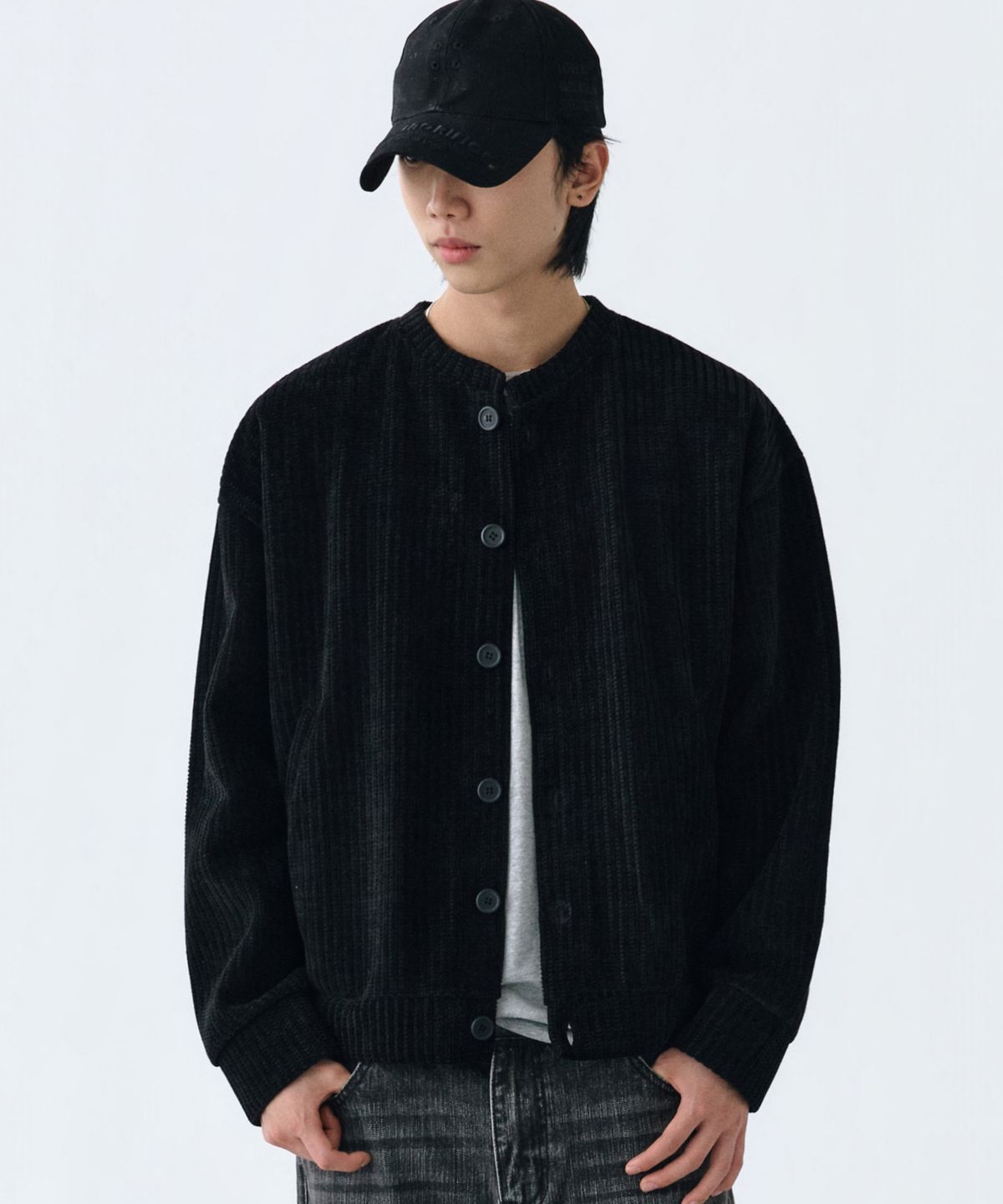 엘엑스티(LXT) 헤비웨이트 벨루아 코듀로이 버튼 가디건 [블랙]