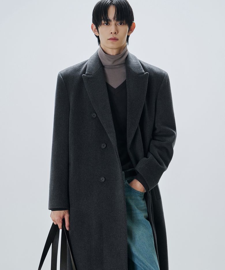 프리미어 퓨어 캐시미어 로브 더블 코트 [MELANGE CHARCOAL]