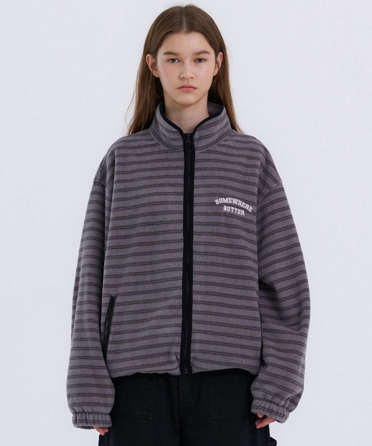 썸웨어버터(SOMEWHEREBUTTER) Luffy Stripe Fleece Zip-Up - Charcoal