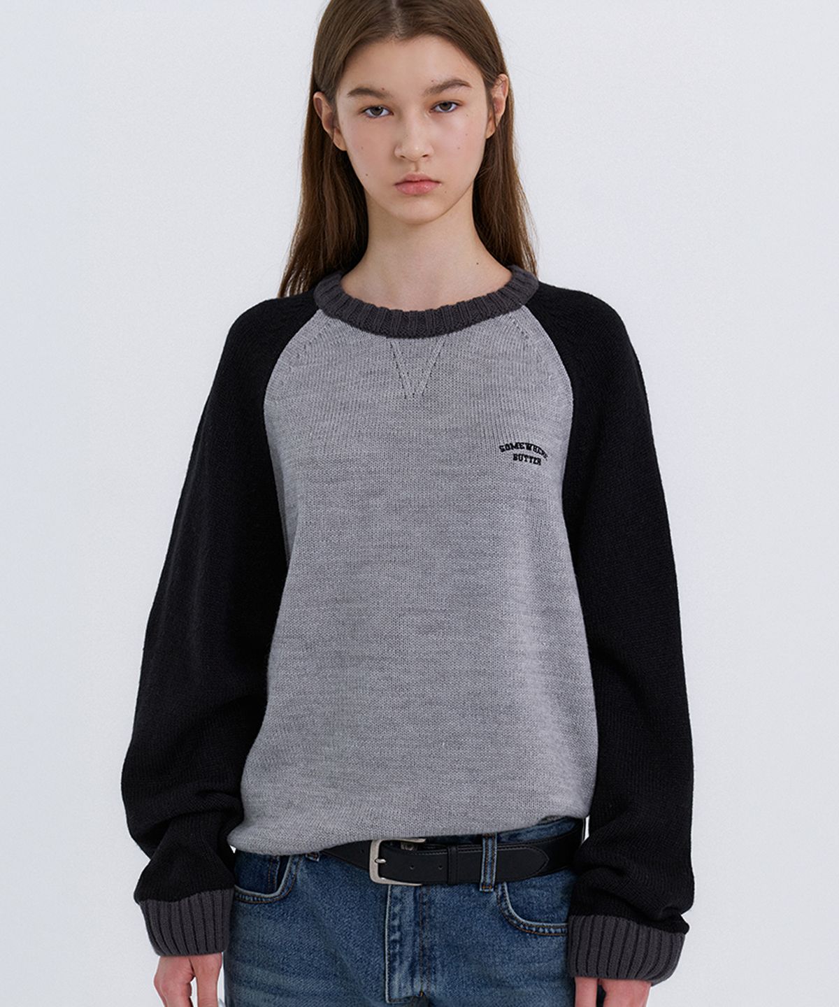 썸웨어버터(SOMEWHEREBUTTER) Alden Wool Raglan Knit - Grey(Black)