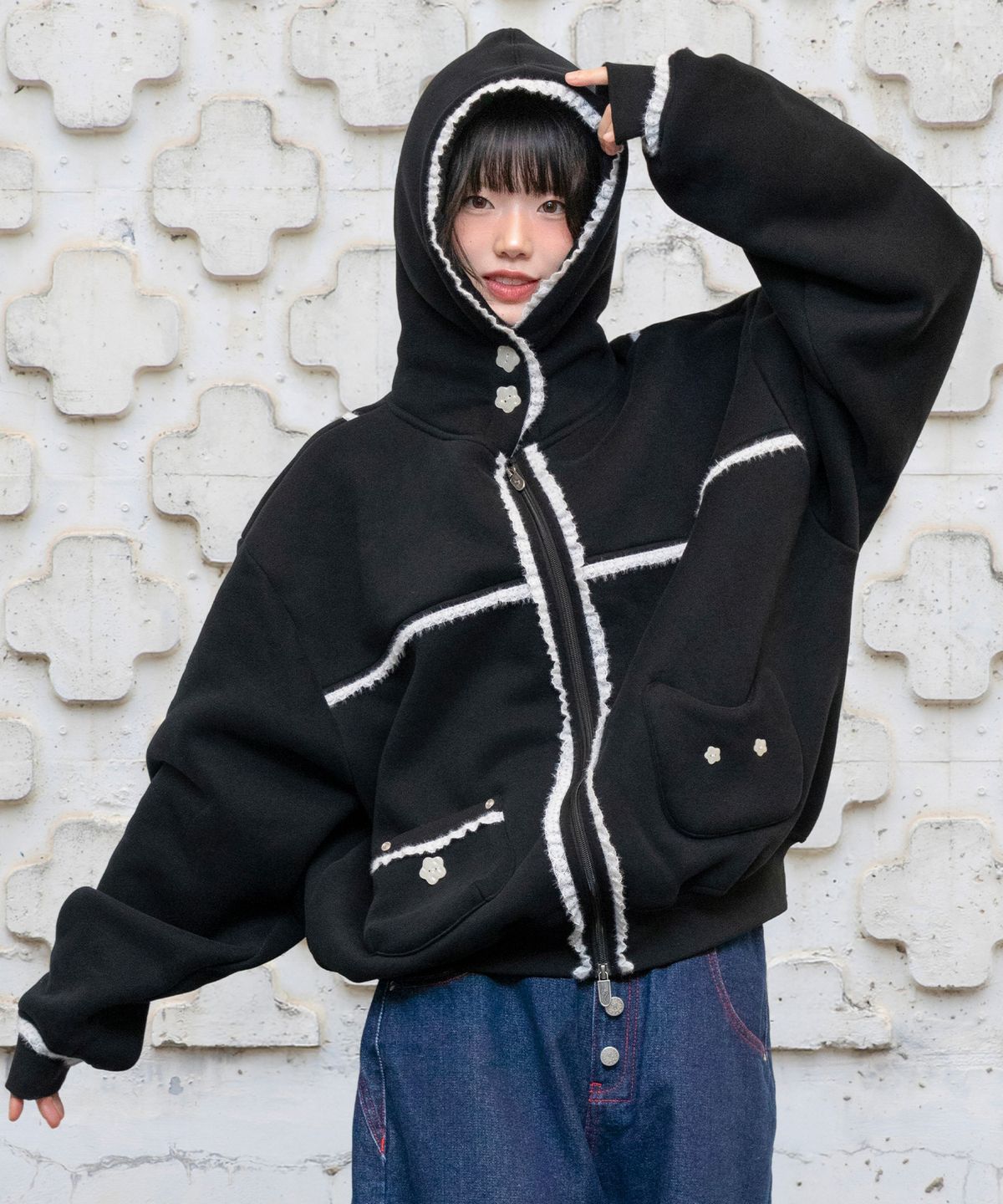 루나키후(RuNaKi'Hu') WXJ023 리에 네코 레이스 엄청난 기모 후드집업 (BLACK)