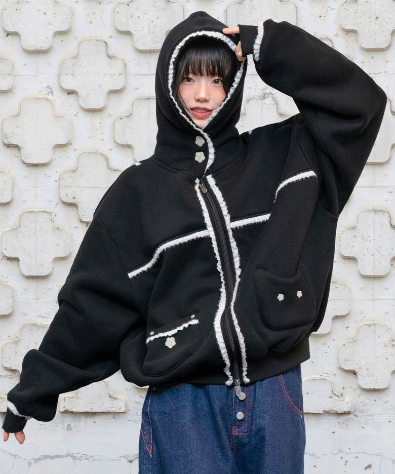 WXJ023 리에 네코 레이스 엄청난 기모 후드집업 (BLACK)
