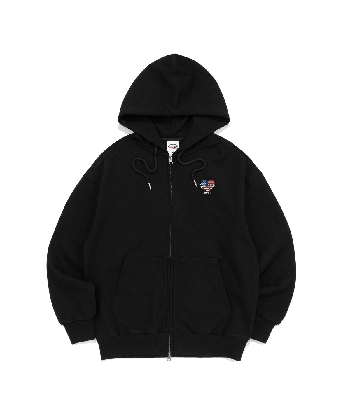 카고브로스 포 우먼(CARGOBROS FOR WOMAN) 카고 하트 플래그 미니멀 그래픽 후드 집업 (블랙)