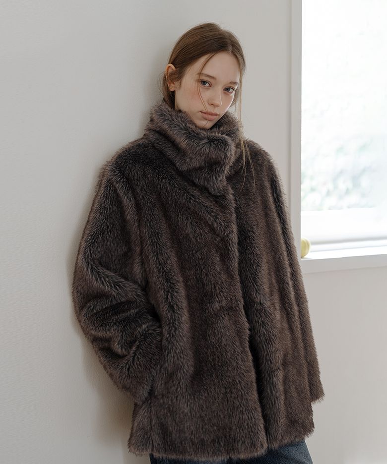 High Neck Fur Half Coat - Mocha