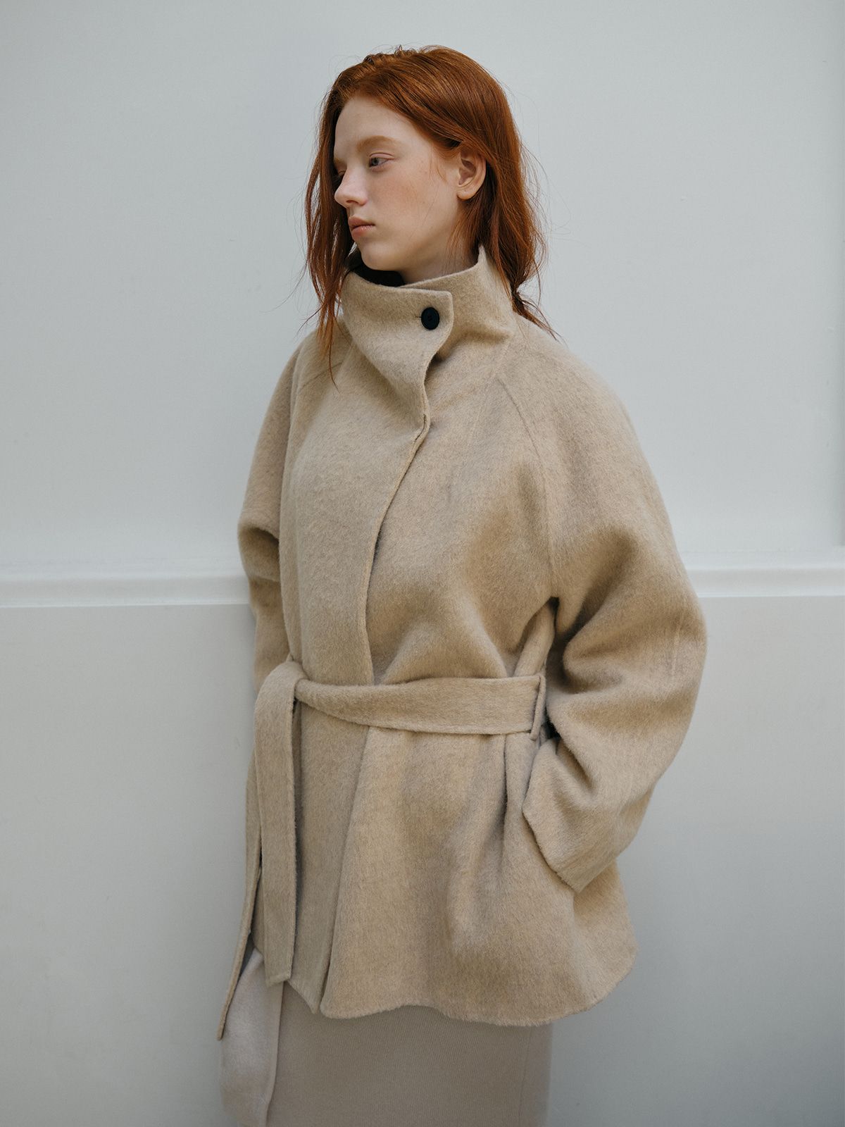 리플레인(REPLAIN) HANDMADE BELTED FUNNEL-NECK COAT_OATMEAL