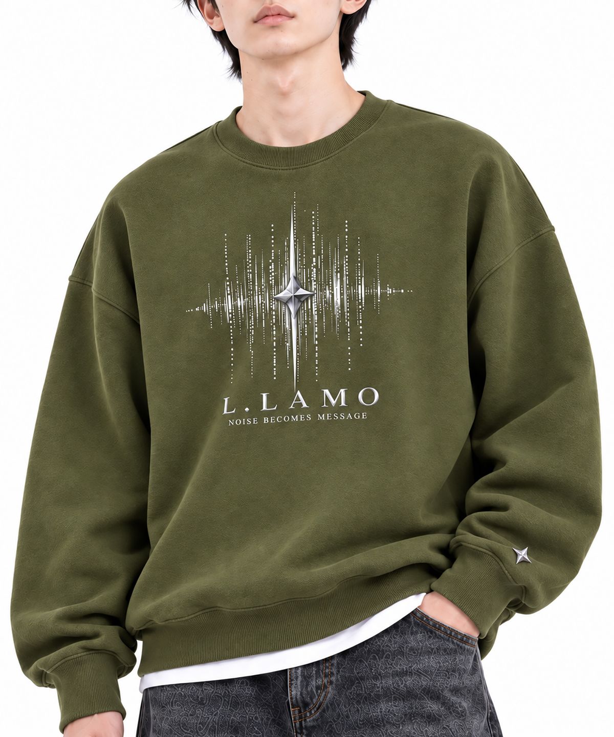 엘라모(LLAMO) 컴포트 쭈리 노이즈 오버핏 맨투맨 올리브