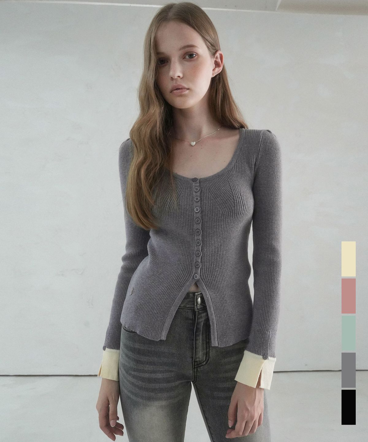 비바셔스(VIVACIOUS) Andy Square-neck Button Cardigan_5COL
