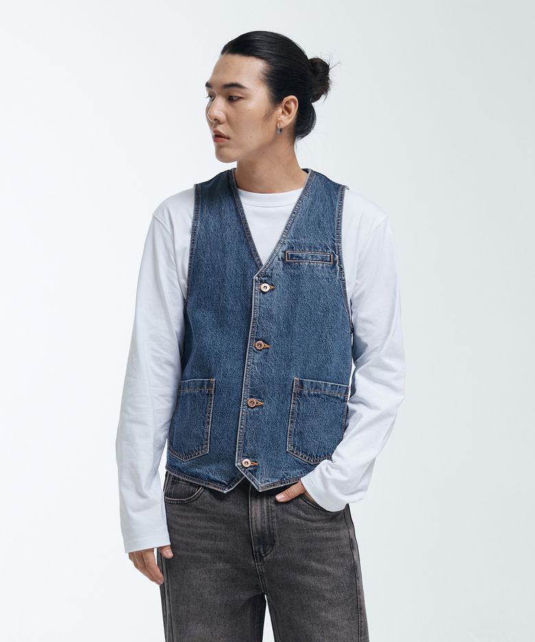 데님 워싱 베스트 미디움블루 K6