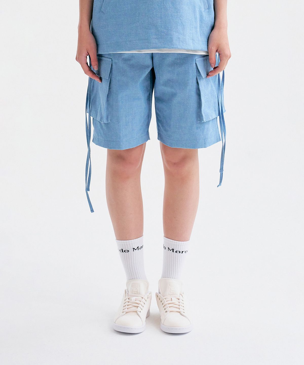 플랑 드 마룬(PLAN DE MAROON) DENIM CARGO HALF PANTS_SKY BLUE