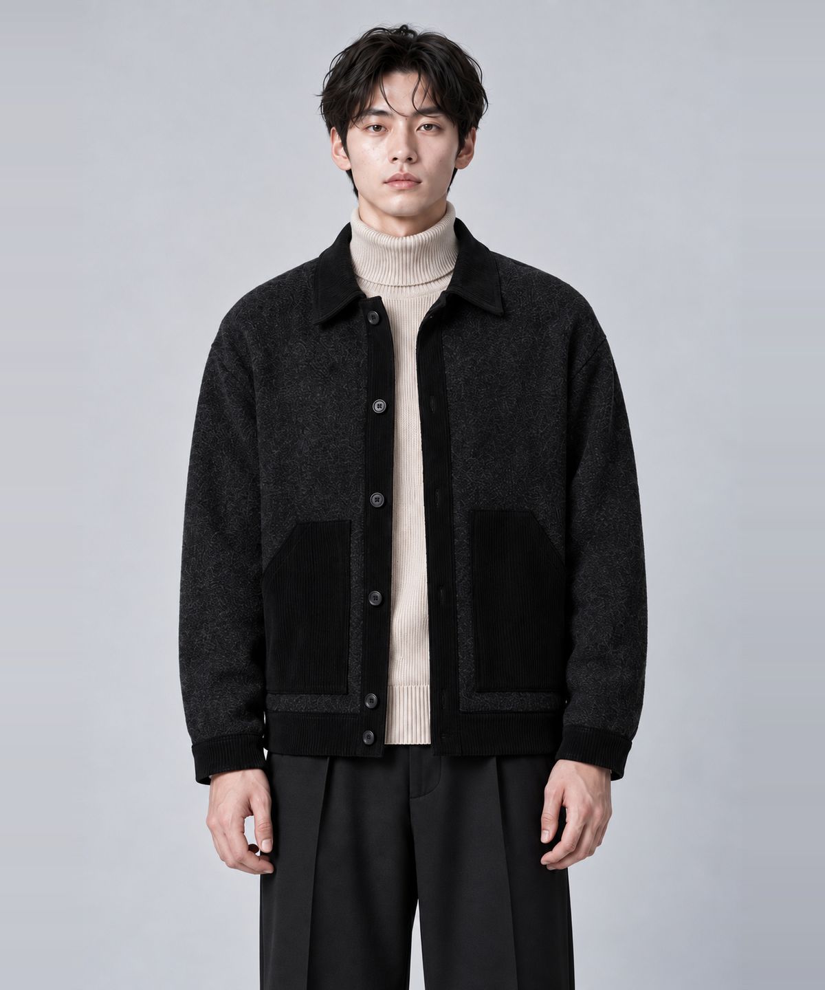커스텀어스(CUSTOMUS) 남성 코듀로이 배색 니트 셔츠형 가디건 간절기 겨울 아우터 CXS26SKCD201 BLA