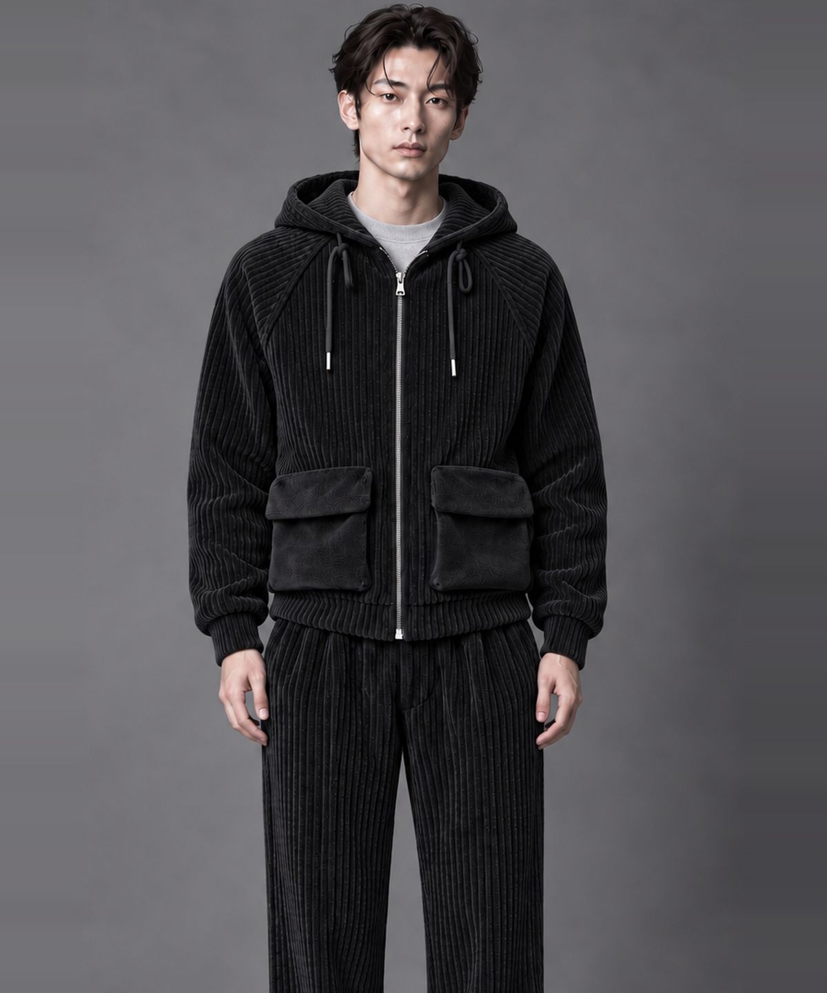 커스텀어스(CUSTOMUS) 남자 코듀로이 후드집업 점퍼 겨울 골덴 자켓 CXS26WKHJA01 BLA