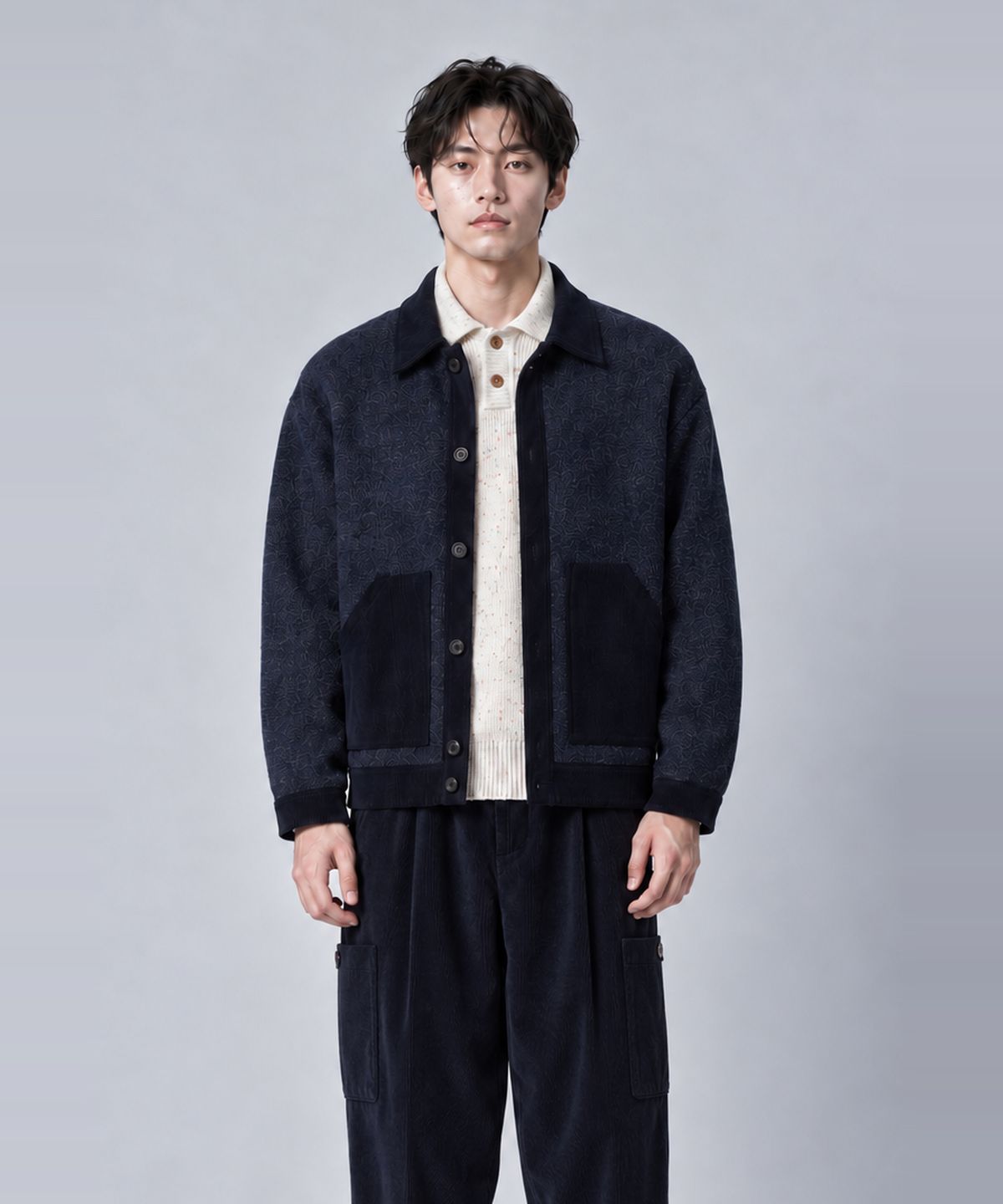 커스텀어스(CUSTOMUS) 남성 코듀로이 배색 니트 셔츠형 가디건 간절기 겨울 아우터 CXS26SKCD201 NAV