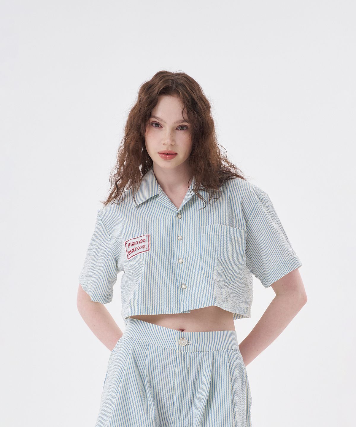 플랑 드 마룬(PLAN DE MAROON) SEERSUCKER SHORT SHIRT_SKY BLUE STRIPE