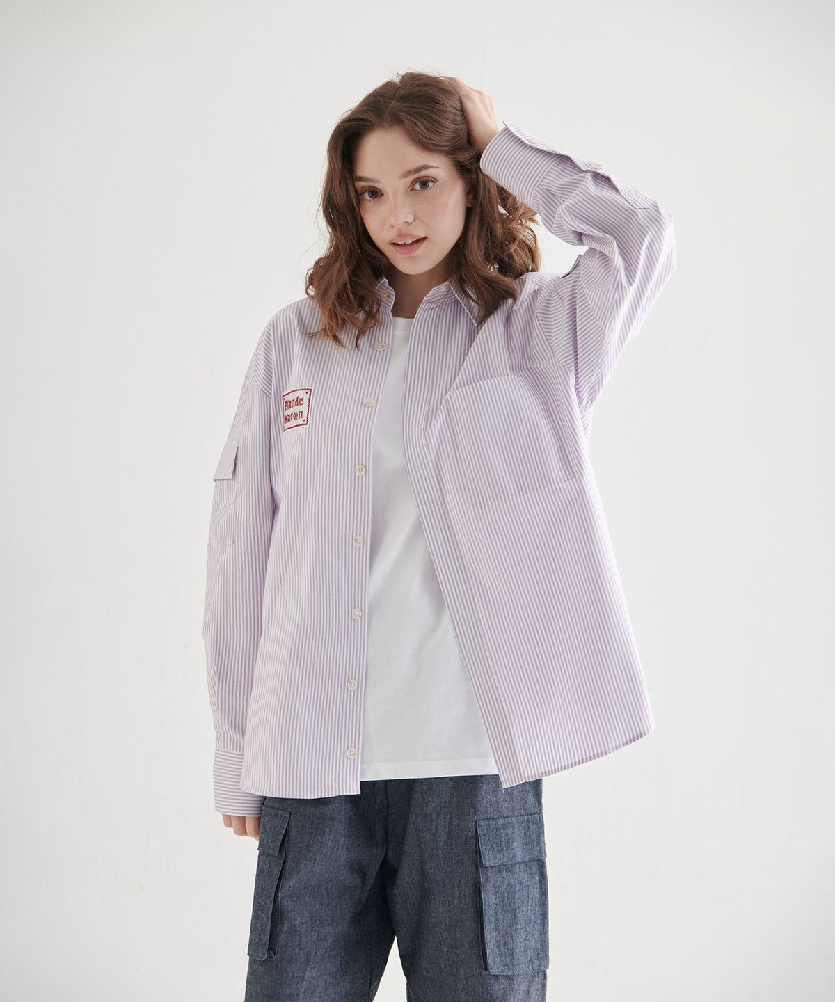 플랑 드 마룬(PLAN DE MAROON) OXFORD CARGO STRIPE SHIRT_PURPLE STRIPE