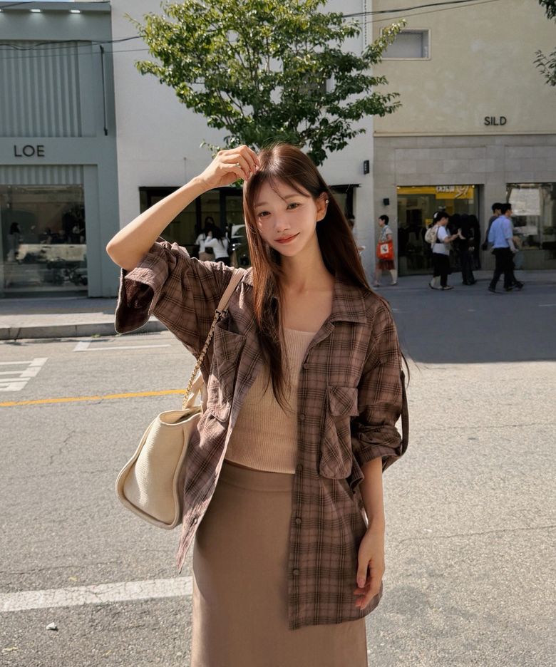 오버핏 롤업 체크 셔츠 자켓