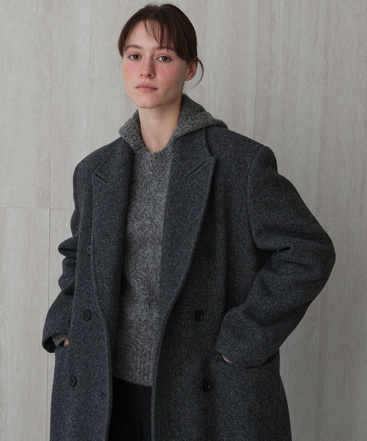 르(LE) wool classic double breasted coat (charcoal)