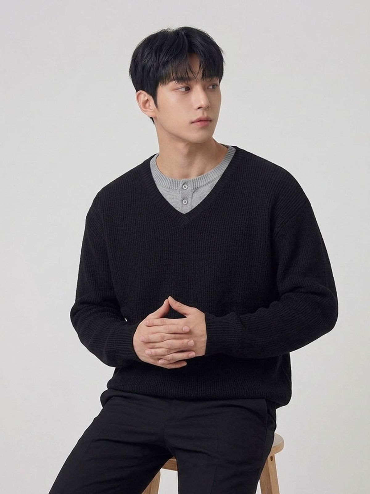 행텐(HANGTEN) 남성 브이넥 헨리 레이어드 풀오버 니트_100(10590-040-804-69)