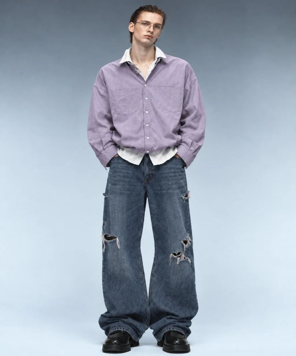 오디너리피플(ORDINARY PEOPLE) RE Raw Sculpted Solid Wire Shirt [Purple]