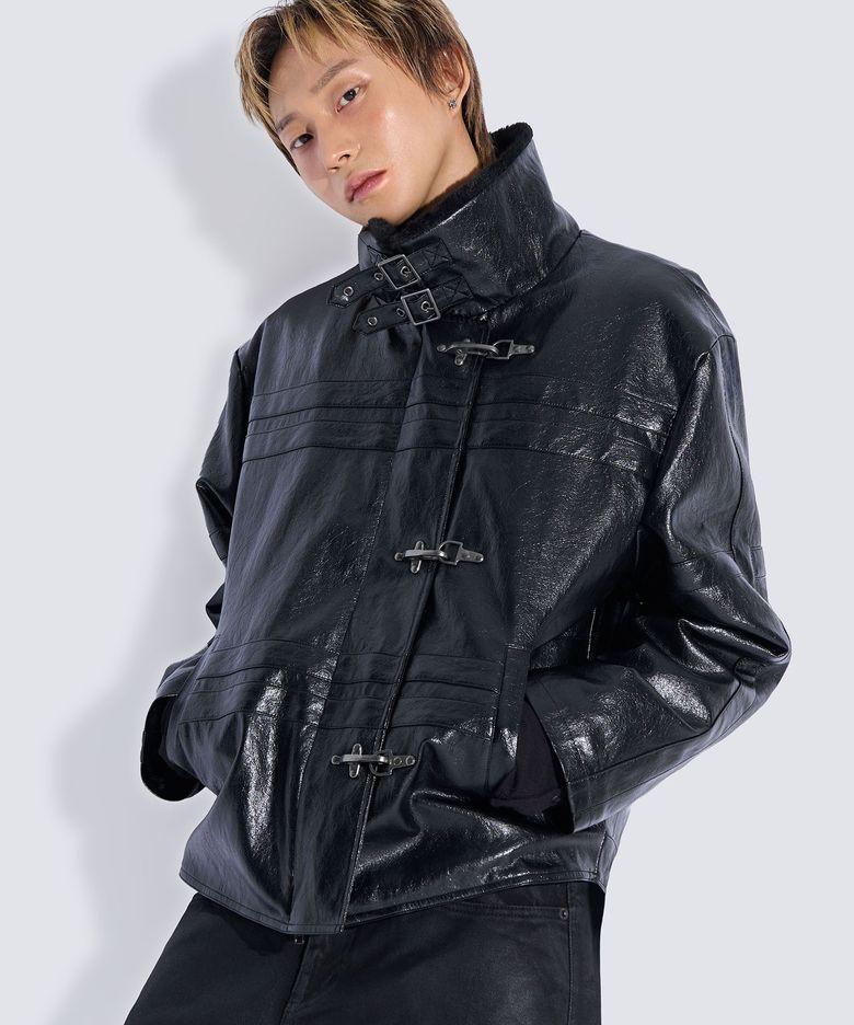 LEATHER HOOK-DETAIL FUR MUSTANG JACKET (BLACK)