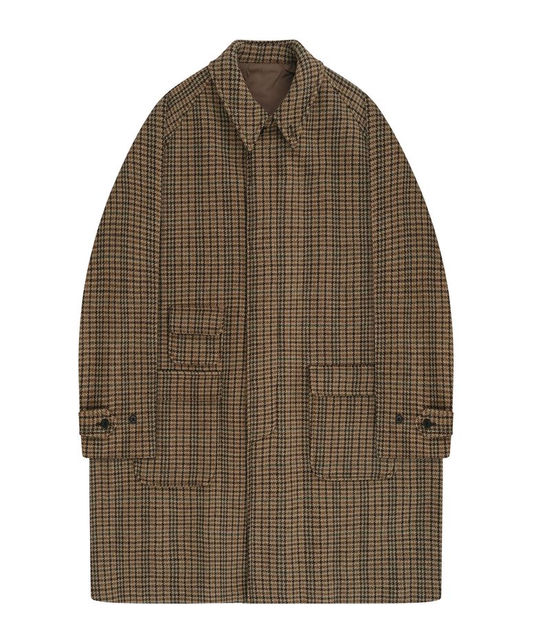 Heavy Wool Houndstooth Balmacaan Coat (Beige)