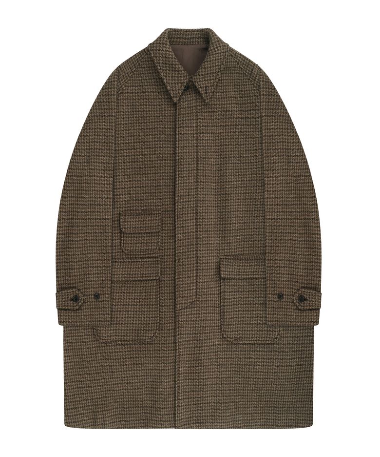 Heavy Wool Houndstooth Balmacaan Coat (Green)