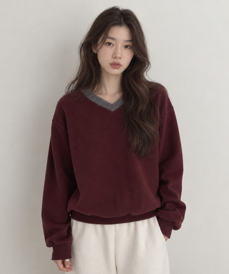컬러 블록 브이넥 기모 맨투맨 버건디