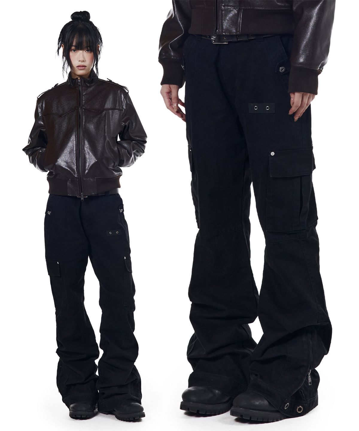 아캄(AAKAM) Washed Flare Cargo Pants (Black)