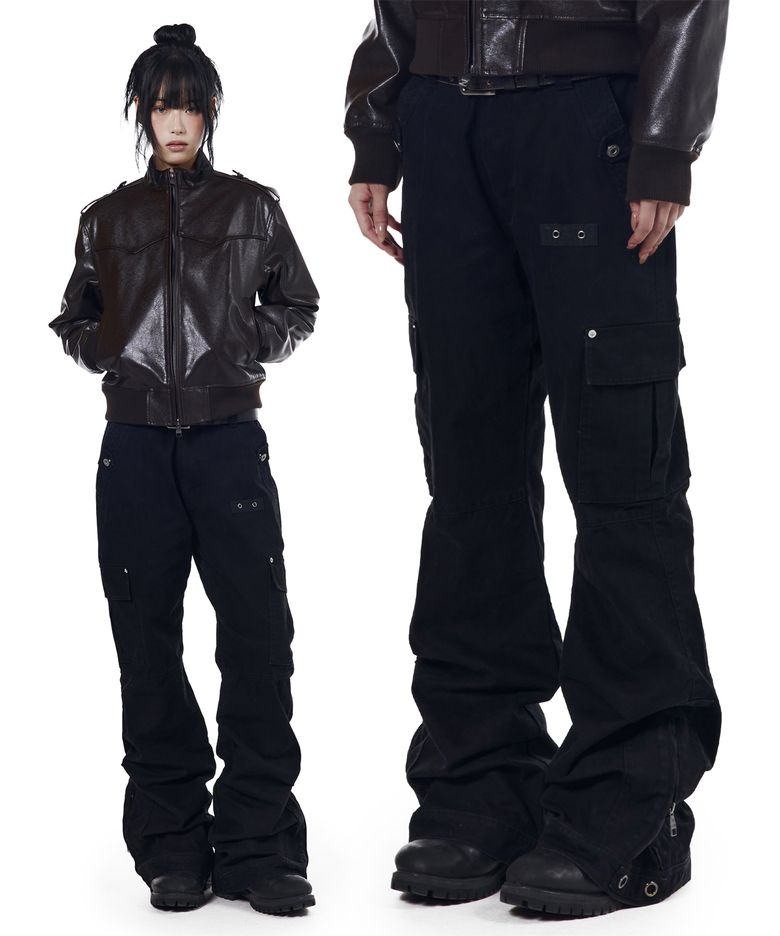 Washed Flare Cargo Pants (Black)