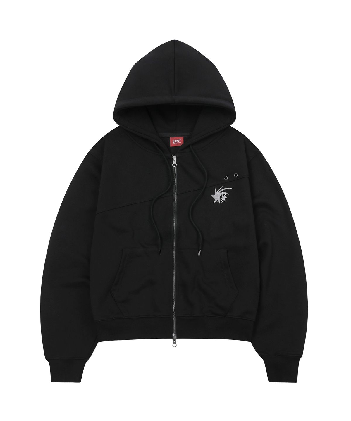 에스이에스티(S'EST) Crop Eyelet Cut-Out Hoodie Zip Up Black