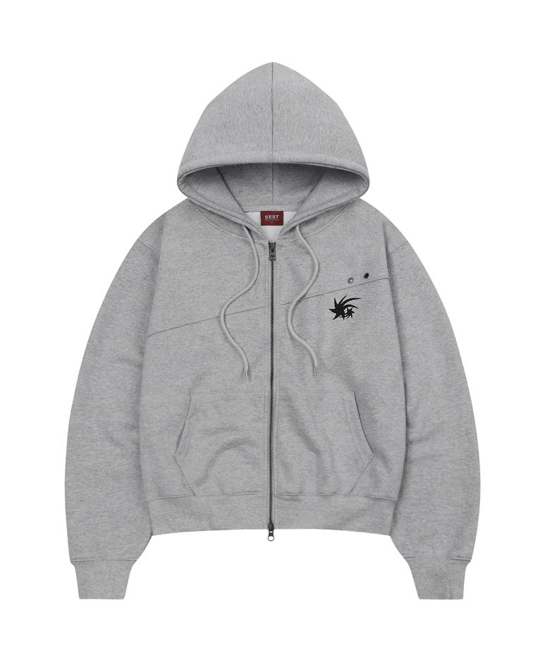 Crop Eyelet Cut-Out Hoodie Zip Up Gray