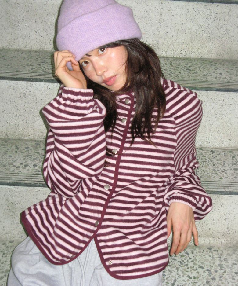 HIGH NECK SNAP FLEECE JUMPER PURPLE STRIPE