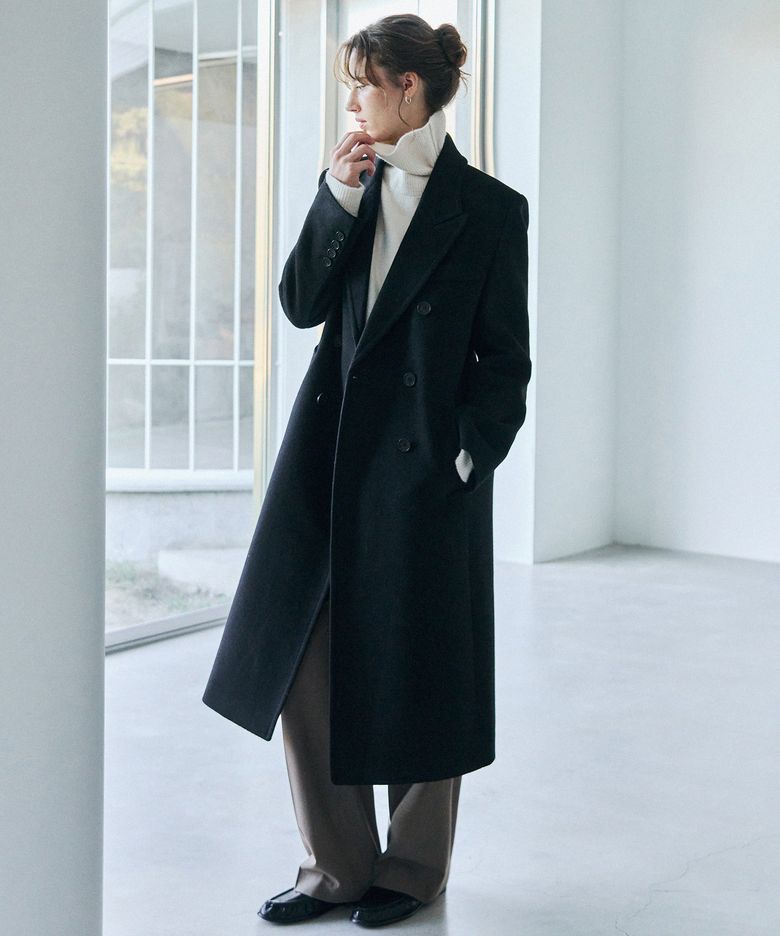 소프트 캐시미어 피크드 칼라 더블 롱 코트 [BLACK]