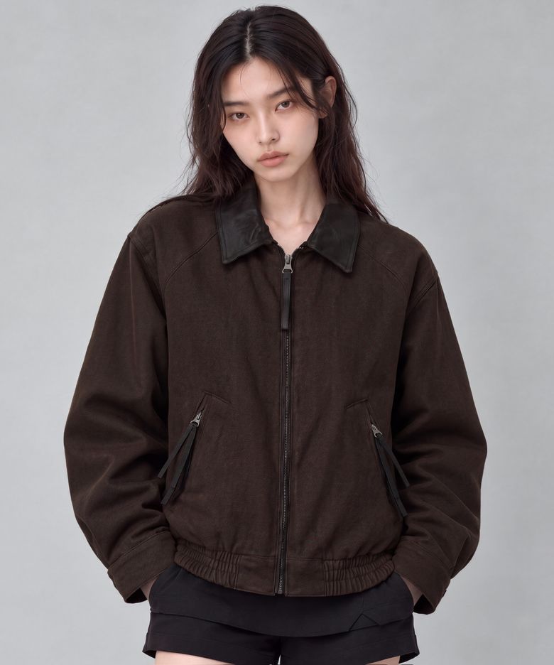 레더 카라 배색 블루종 자켓 브라운