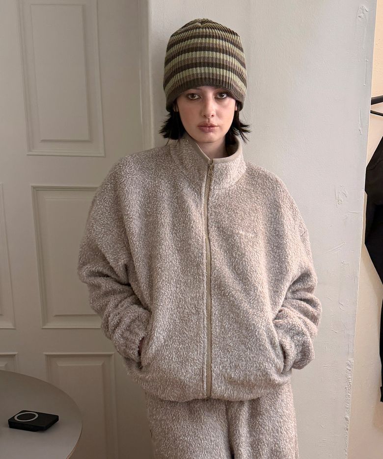 Wool Blend Boucle Fleece Zip-up - Beige