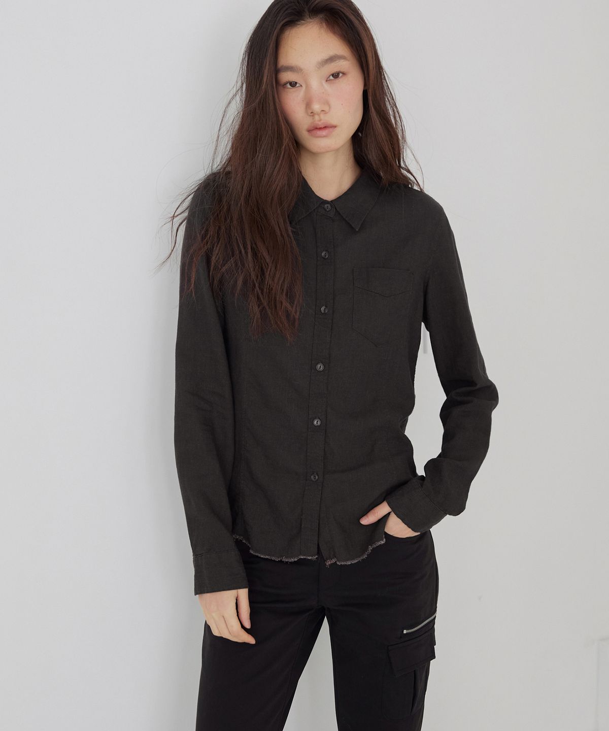 렌세(RENSE) Raw-Cut Washed Shirt Taupe Charcoal
