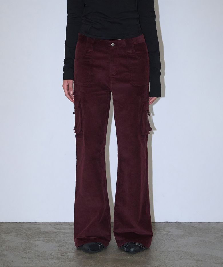 Corduroy Cargo Bootcut Pants - Burgundy