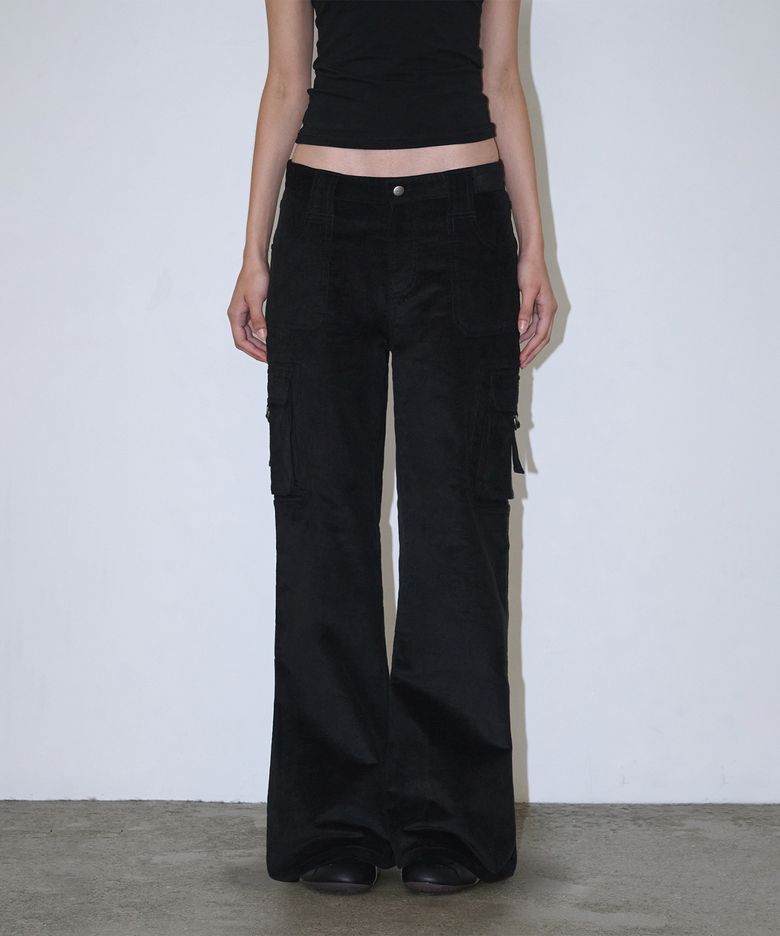 Corduroy Cargo Bootcut Pants - Black