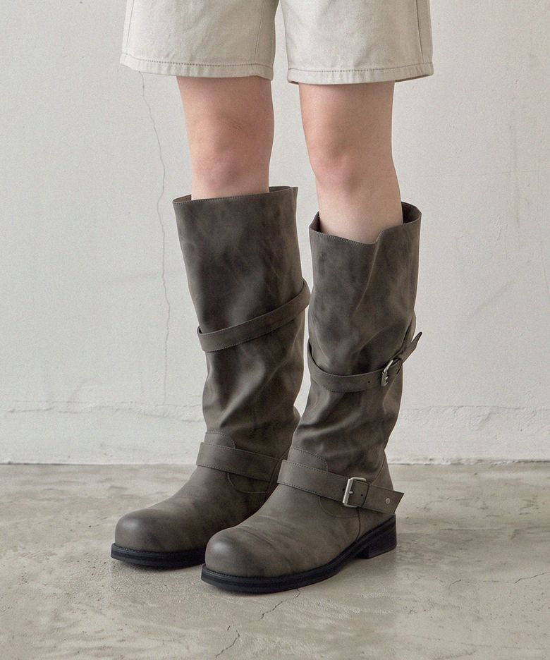 ljh1038 Double Buckle Slouchy Long Boots - 2 Colors
