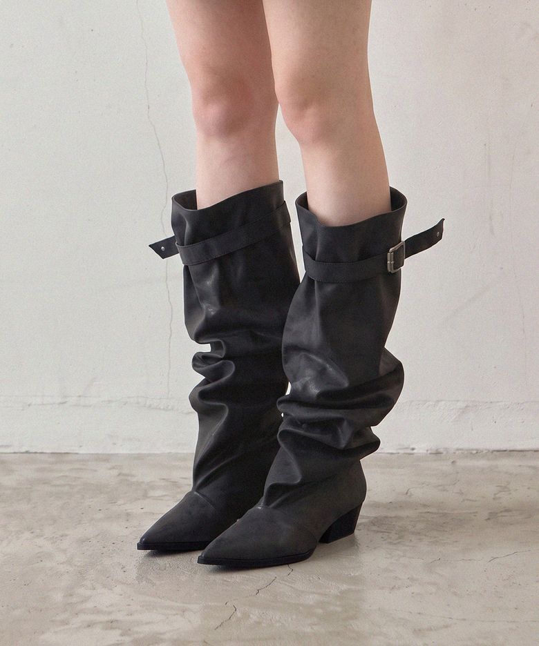 ljh1039 Pointed Toe Belted Slouchy Long Boots - 2 Colors