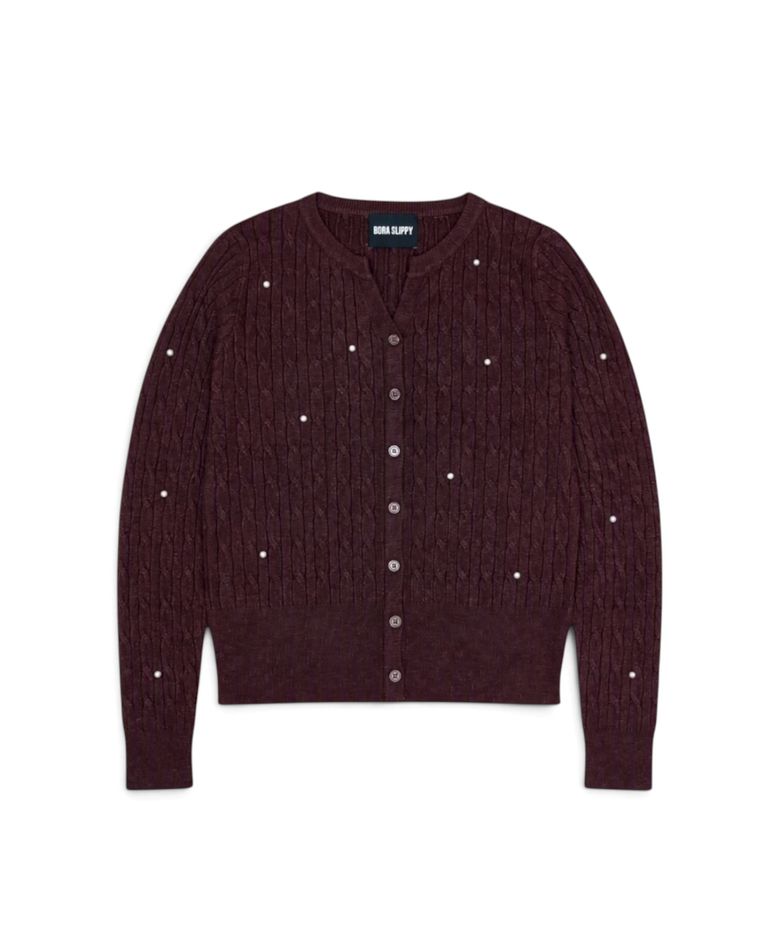 Pearl Stud Cable Knit Cardigan (Brown)