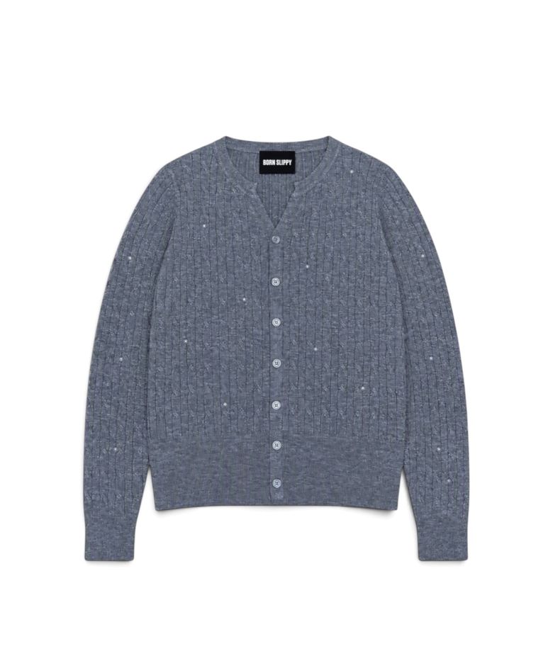 Pearl Stud Cable Knit Cardigan (Gray)