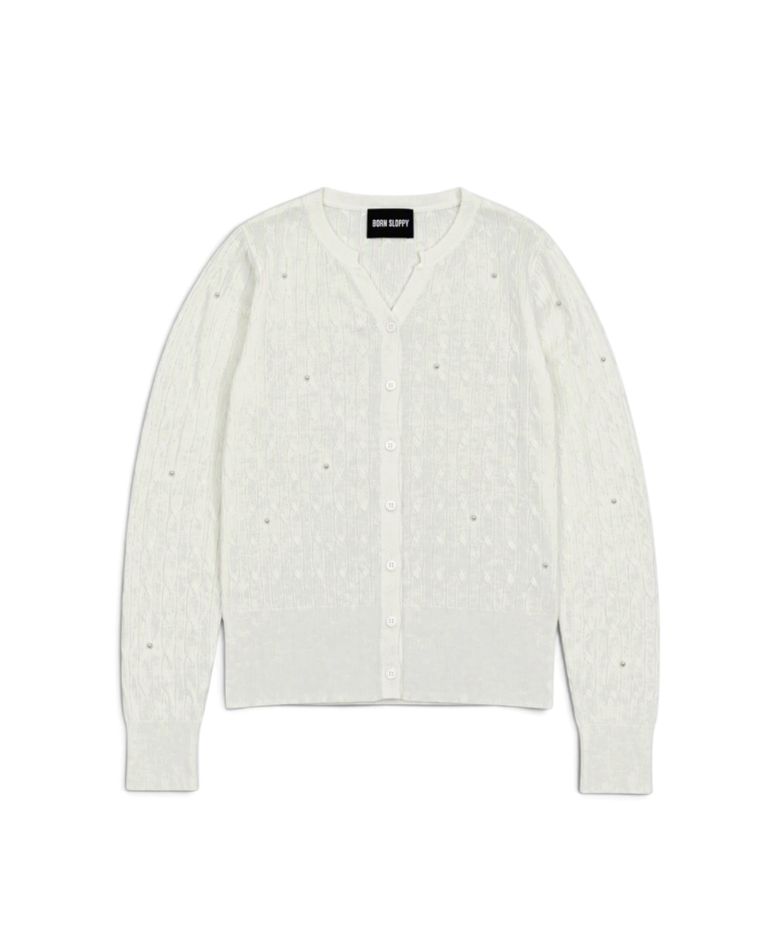 Pearl Stud Cable Knit Cardigan (Ivory)