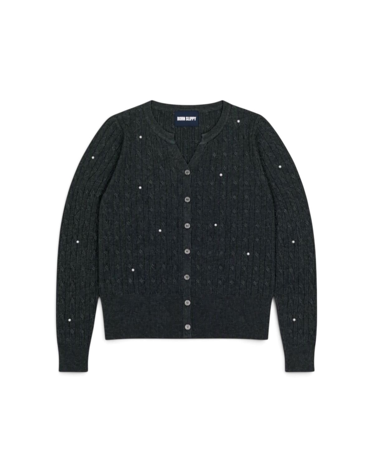 본슬리피(BORN SLIPPY) Pearl Stud Cable Knit Cardigan (Khaki)