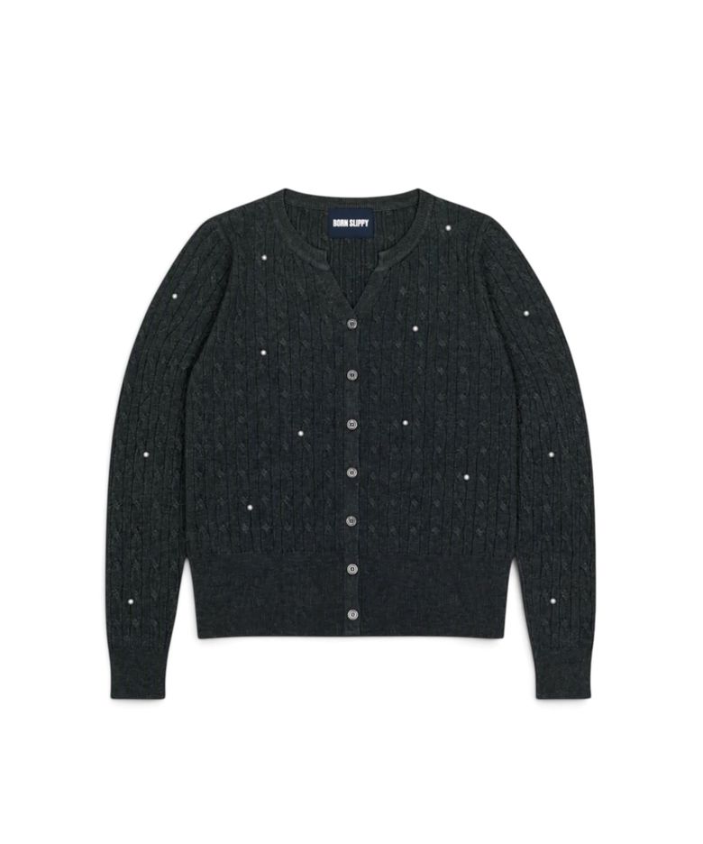 Pearl Stud Cable Knit Cardigan (Khaki)