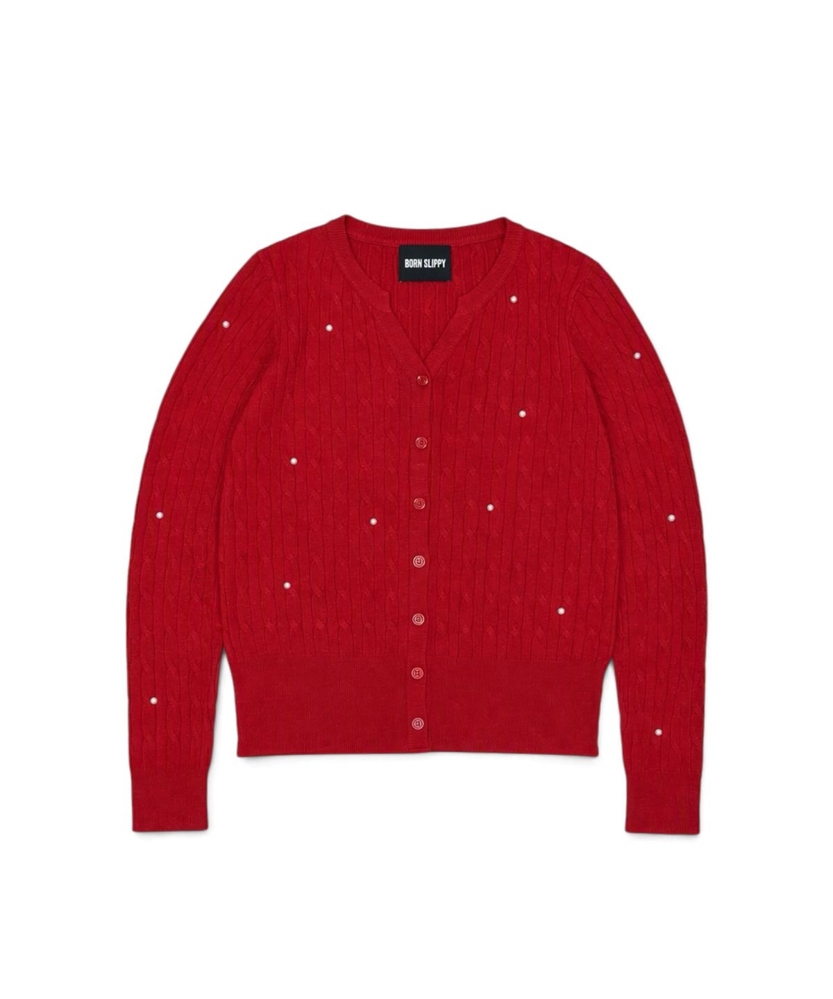 본슬리피(BORN SLIPPY) Pearl Stud Cable Knit Cardigan (Red)