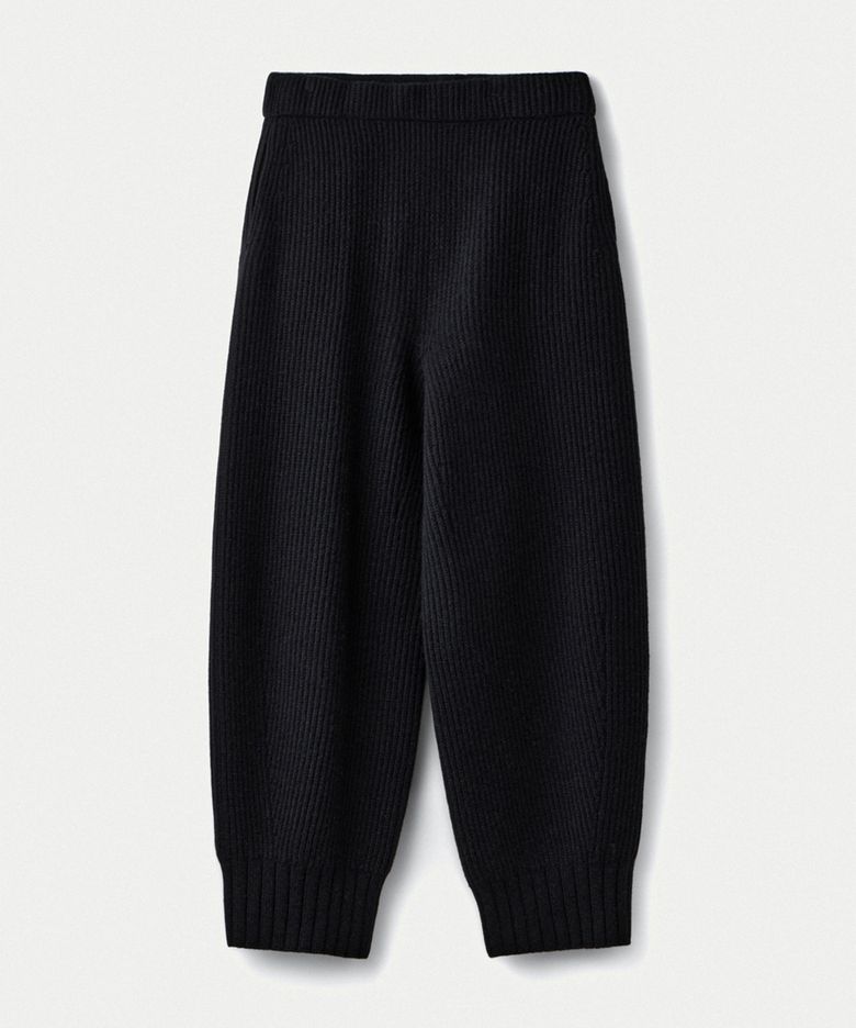 Wool cashmere ribbed whole garment pants_Black