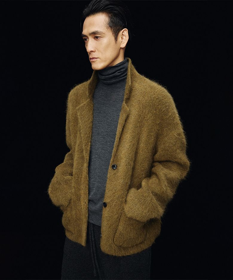 Hairy alpaca collared knitted jacket_Olive
