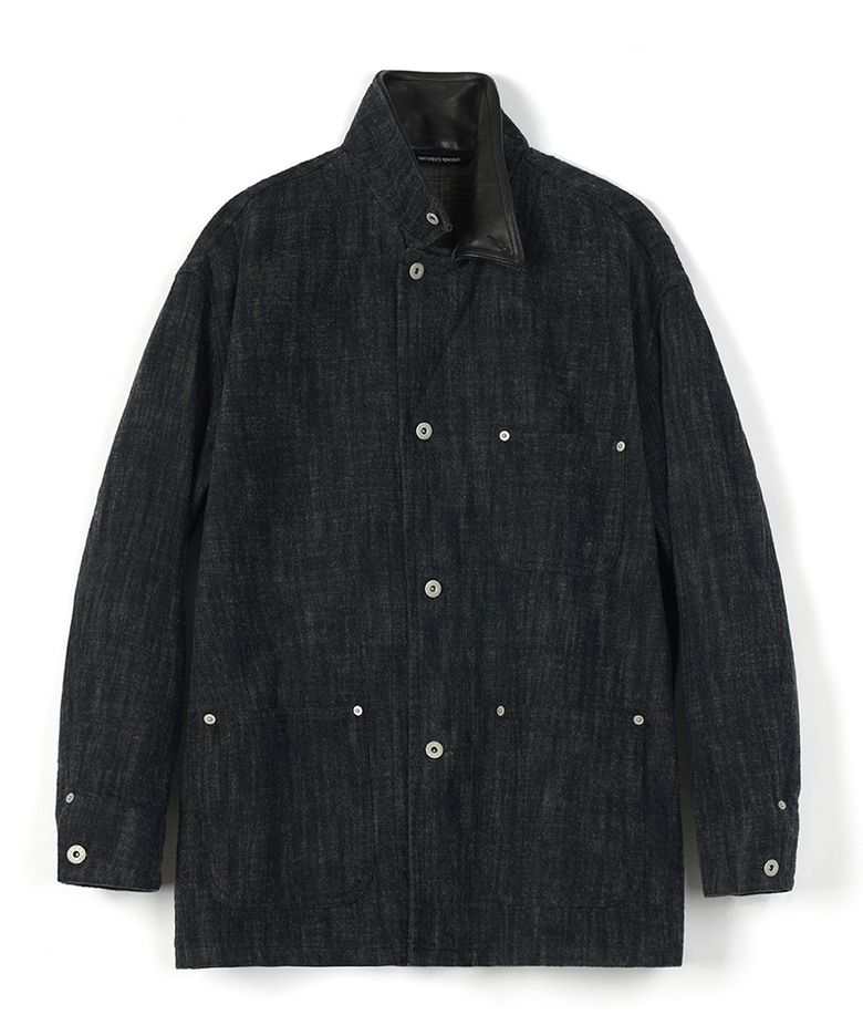 Leather Collar Wool Denim Coverall Coat_Black
