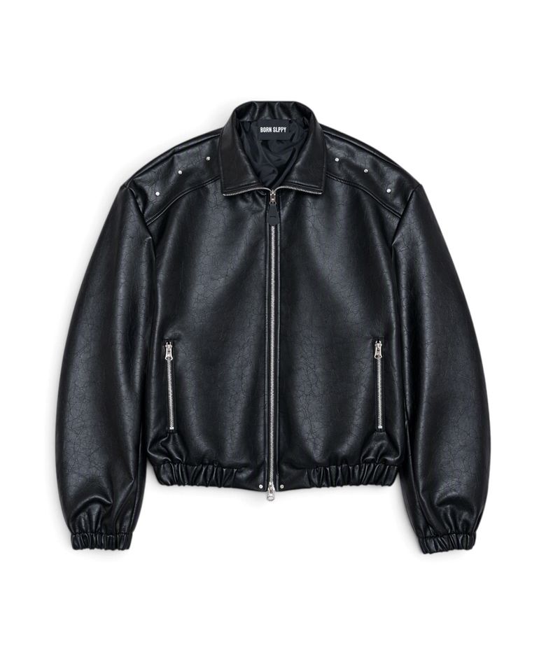 Crystal Stud Noir Leather Blouson (Black)