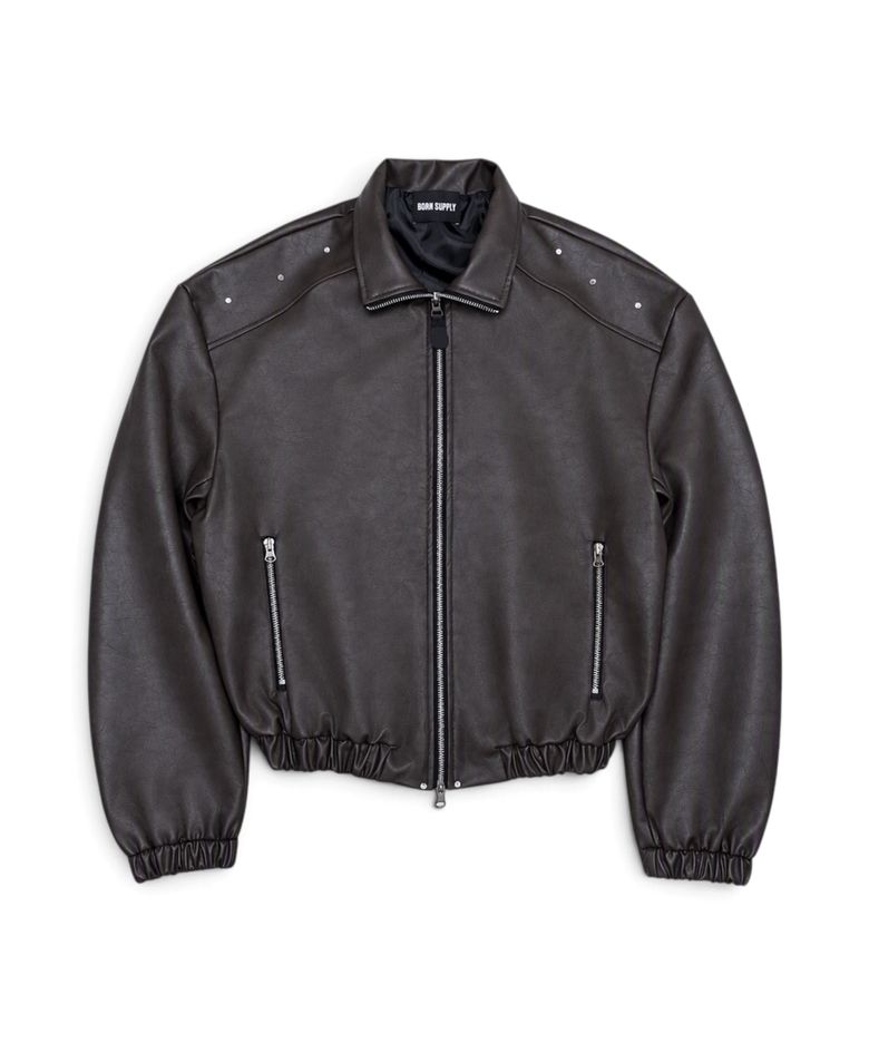 Crystal Stud Noir Leather Blouson (Brown)